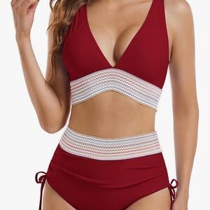 Women's Deep Red High-Waist Bikini Set with Textured Band